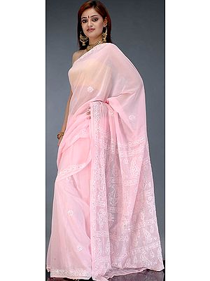 Baby-Pink Lukhnavi Chikan Sari