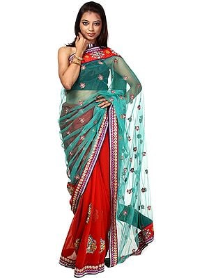 Baltic Blue and Red Designer Sari with All-Over Embroidered Sequins and Patch Border