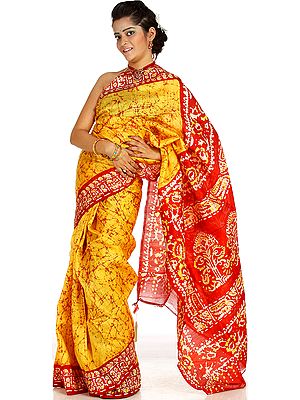 Banana-Yellow and Red Batik Sari from Kolkata