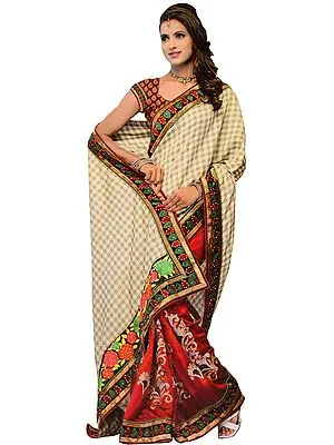 Beige and Burgundy Fusion Sari with Floral Anchal and Patch Border
