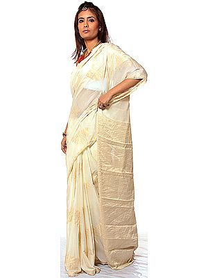 Beige Banarasi Sari with All-Over Weave in Golden Thread