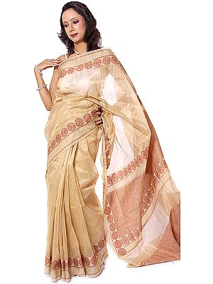 Beige Banarasi Sari with All-Over Weave