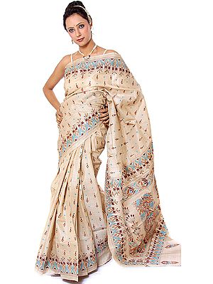 Beige Hand-Embroidered Kantha Sari from Bengal