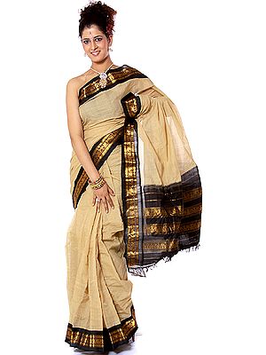Beige Handwoven Gadwal Sari with Zari on Border and Anchal
