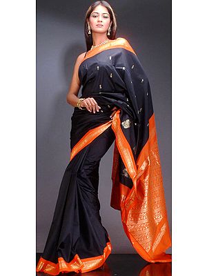 Black and Orange Sari with Golden Thread Work