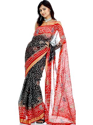 Black and Red Bandhani Sari with Golden Paint