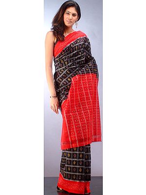 Black and Red Cotton Sari with Patola Weave