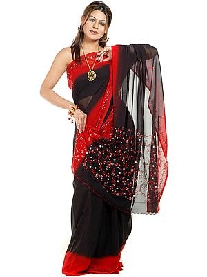 Black and Red Sari with Sequins and Embroidery