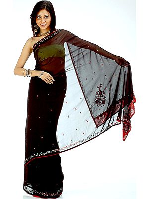 Black and Red Sari with Sequins and Threadwork