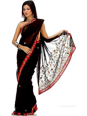 Black and Red Sari with Sequins and Threadwork