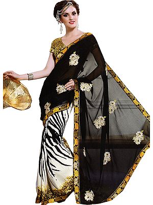 Black and White Sari with Embroidered Flowers and Zebra Print