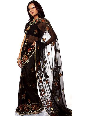 Black Banarasi Sari with All-Over Flowers Woven by Hand