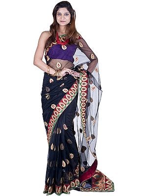 Black Bridal Sari with All-Over Aari Embroidered Paisleys and Patch Border