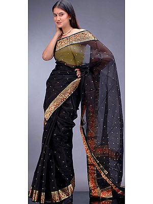 Black Chanderi Sari with Golden Bootis