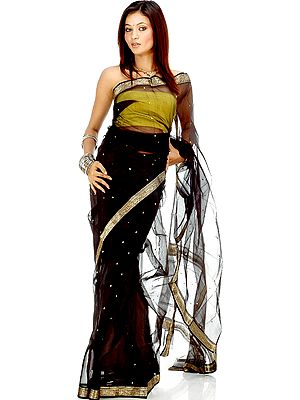 Black Chanderi Sari with Golden Bootis