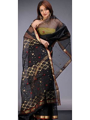 Black Chanderi Sari with Red Bootis and Golden Thread Work