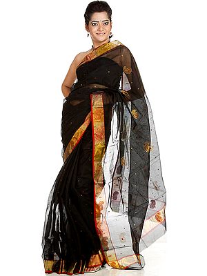 Black Chanderi Sari with Wide Golden Border and Woven Paisleys