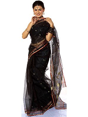 Black Chanderi Sari with Woven Bootis in Golden Thread
