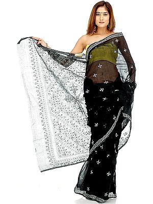 Black Cotton Sari with Kantha Stitch