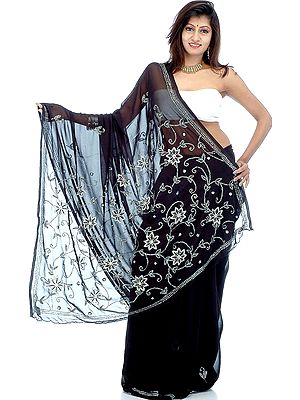 Black Georgette Sari with Sequins and Beads