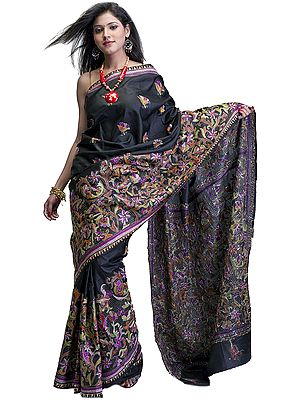 Black Hand-Embroidered Kantha Sari from Bengal