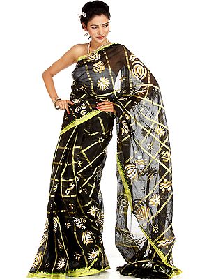 Black Hand-Painted Sari from Bihar
