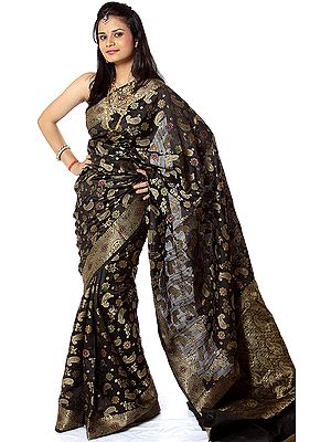 Black Hand-woven Banarasi Sari with All-Over Paisleys