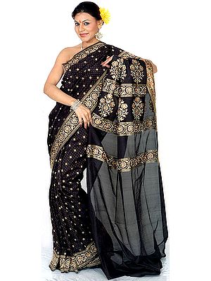 Black Jamdani Sari from Banaras with All-Over Embroidered Beads