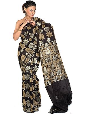 Black Jamdani Sari from Banaras with All-Over Flowers Woven in Jute and Zari