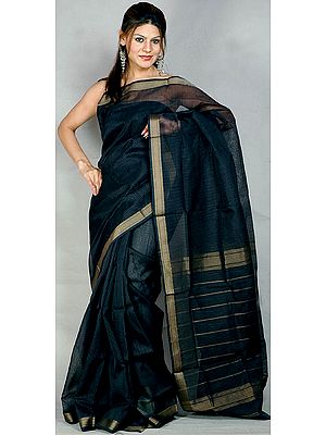 Black Maheshwari Sari with Stripes Golden Weave on Border