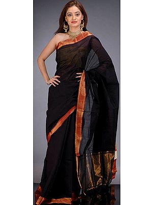 Black Mangalgiri Sari with Golden Zari Border