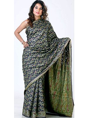 Black Paisley Jamdani Sari Hand-Woven in Banaras