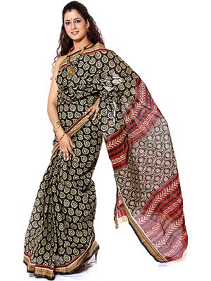 Black Sari from Bangalore with Printed Leaves