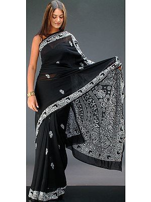 Black Sari with Chikankari Embroidery