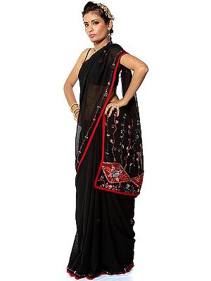 Black Sari with Sequins and Beadwork