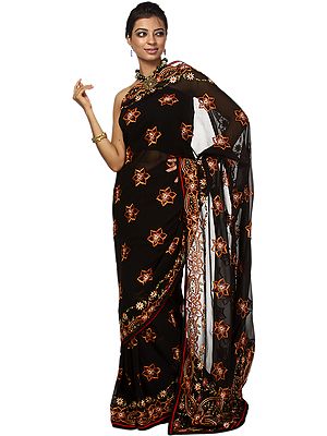 Black Star Spangled Sari with All-Over Crewel Embroidery