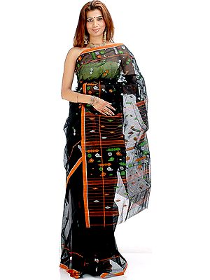 Black Tengail Sari with Green and Orange Bootis