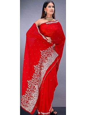 Blood Red Bridal Sari with Embroidery and Sequins