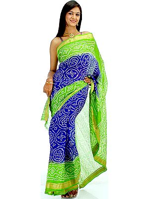 Blue and Green Bandhani Sari from Gujarat