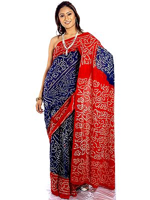 Blue and Red Bandhani Sari from Rajasthan