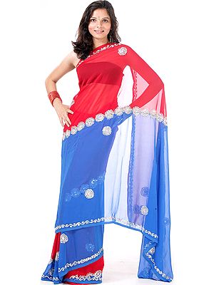 Blue and Red Mumtaz Sari with Sequins and Beads