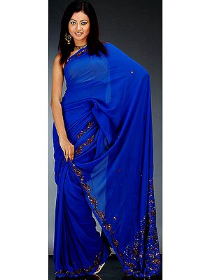 Blue Sari with Sequins and Beads