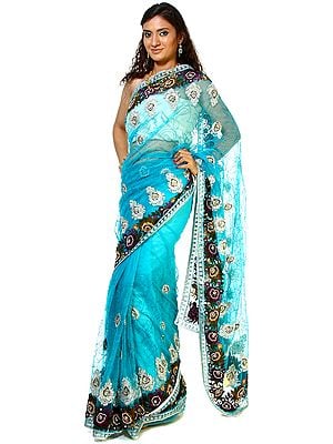 Blue-Atoll Designer Sari with Silver Thread work, Beads and Embroidered Flowers