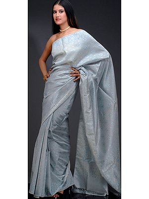 Blue-Gray Banarasi Sari with all-over Weave