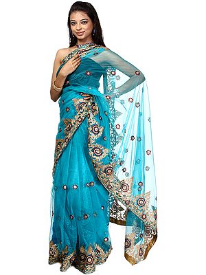 Blue-Jewel Net Sari with All-Over Floral Golden Embroidery and Sequins