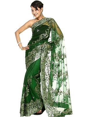 Bottle-Green Sari with Embroidered Silver-Colored Sequins All-Over