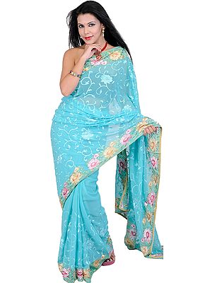 Bright-Aqua Sari with Parsi Embroidered Flowers All-Over