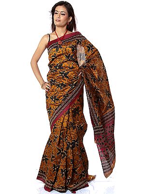 Brown and Black Floral Printed Sari from Kolkata with Sequins and Golden Threadwork