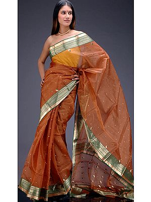 Brown and Green Chanderi Sari with Golden Bootis