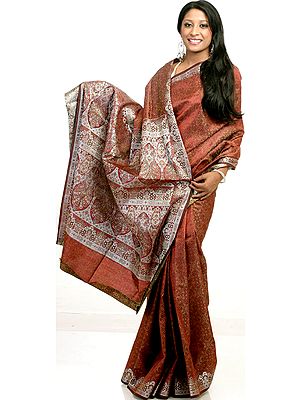Brown Banarasi Jamawar Sari with Silver Tanchoi Weave